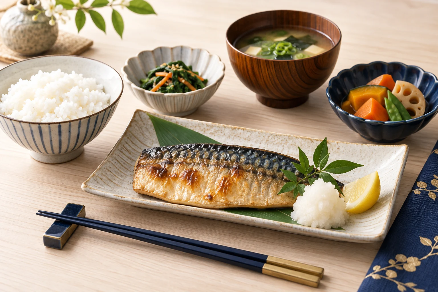 魚、野菜、ご飯を組み合わせた一食のイメージ