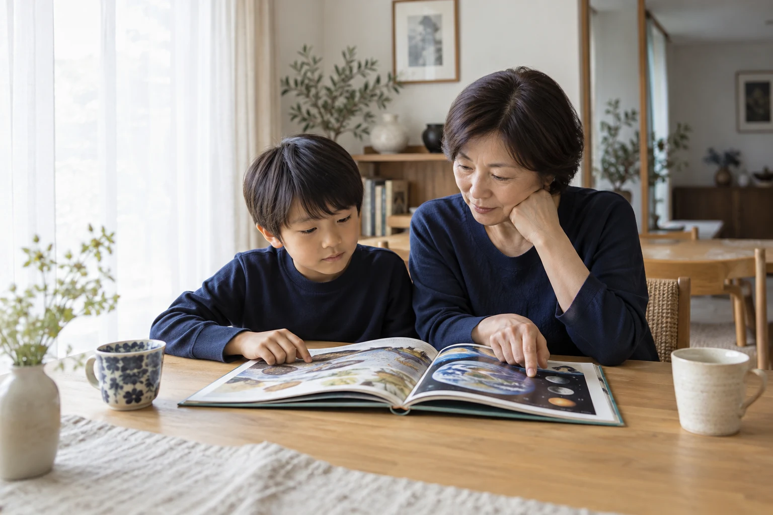 祖母と孫が並んで本を読む、家族の学びのイメージ